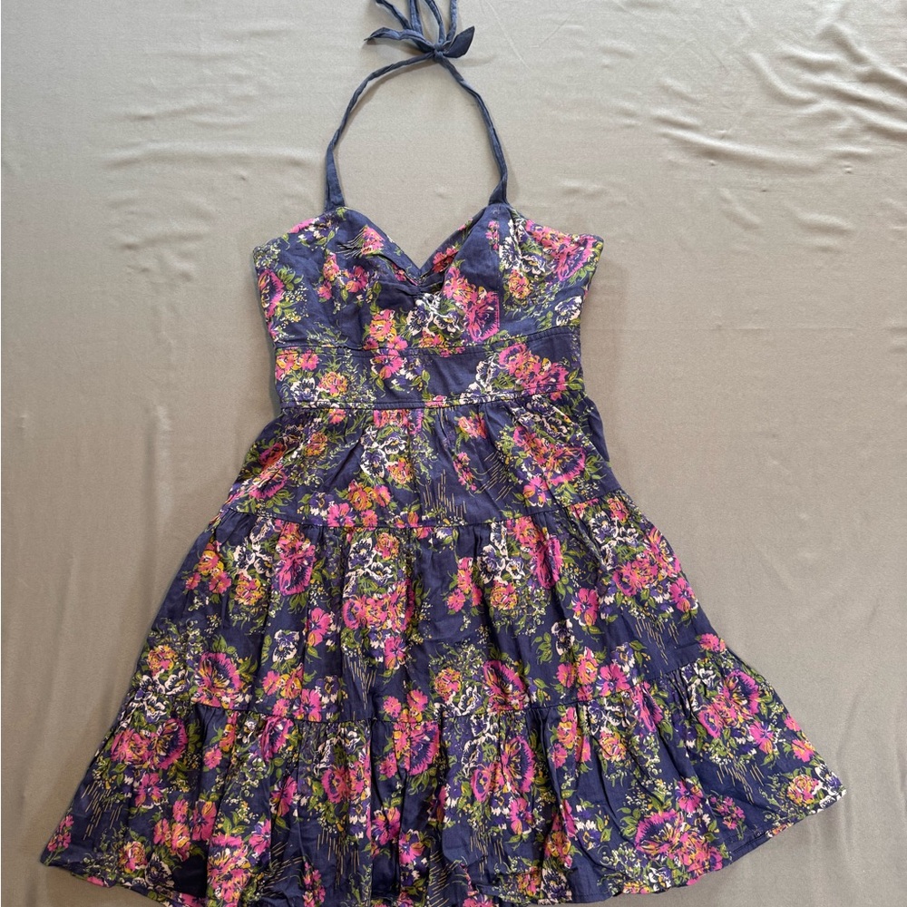 Free People Navy Halter Mini Dress with Pink Floral Print